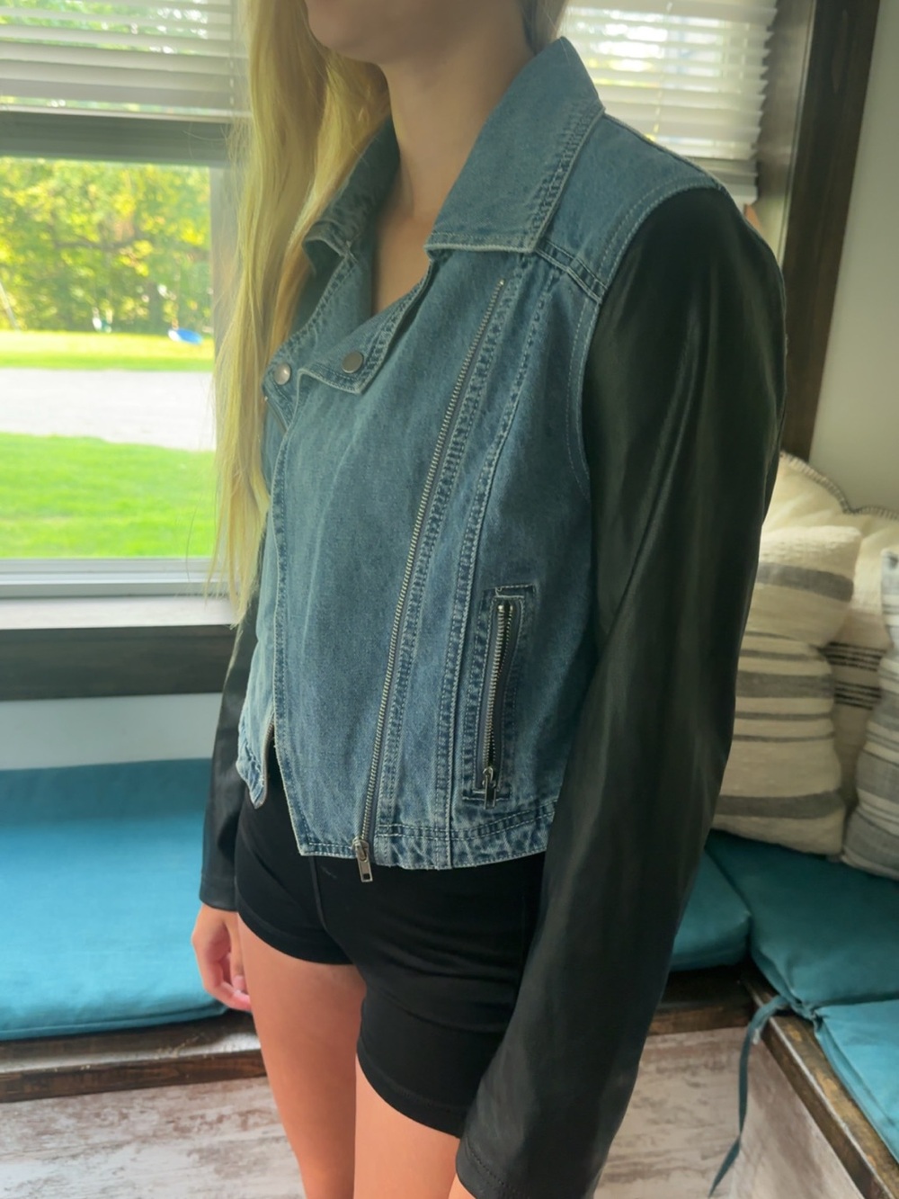 Chocolate Two-Tone Denim Jacket with Black Sleeves